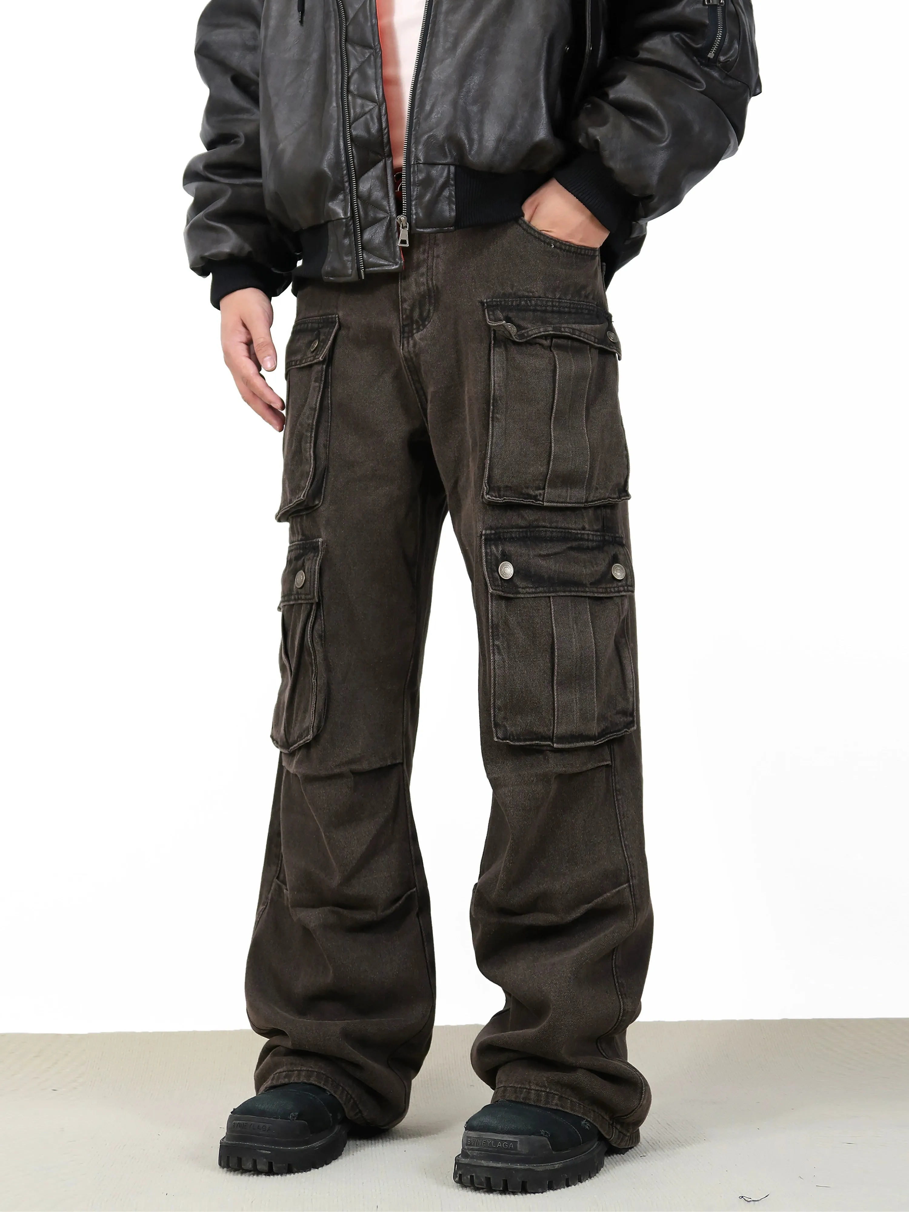 High-Waisted Cargo Pocketed Denim Jeans