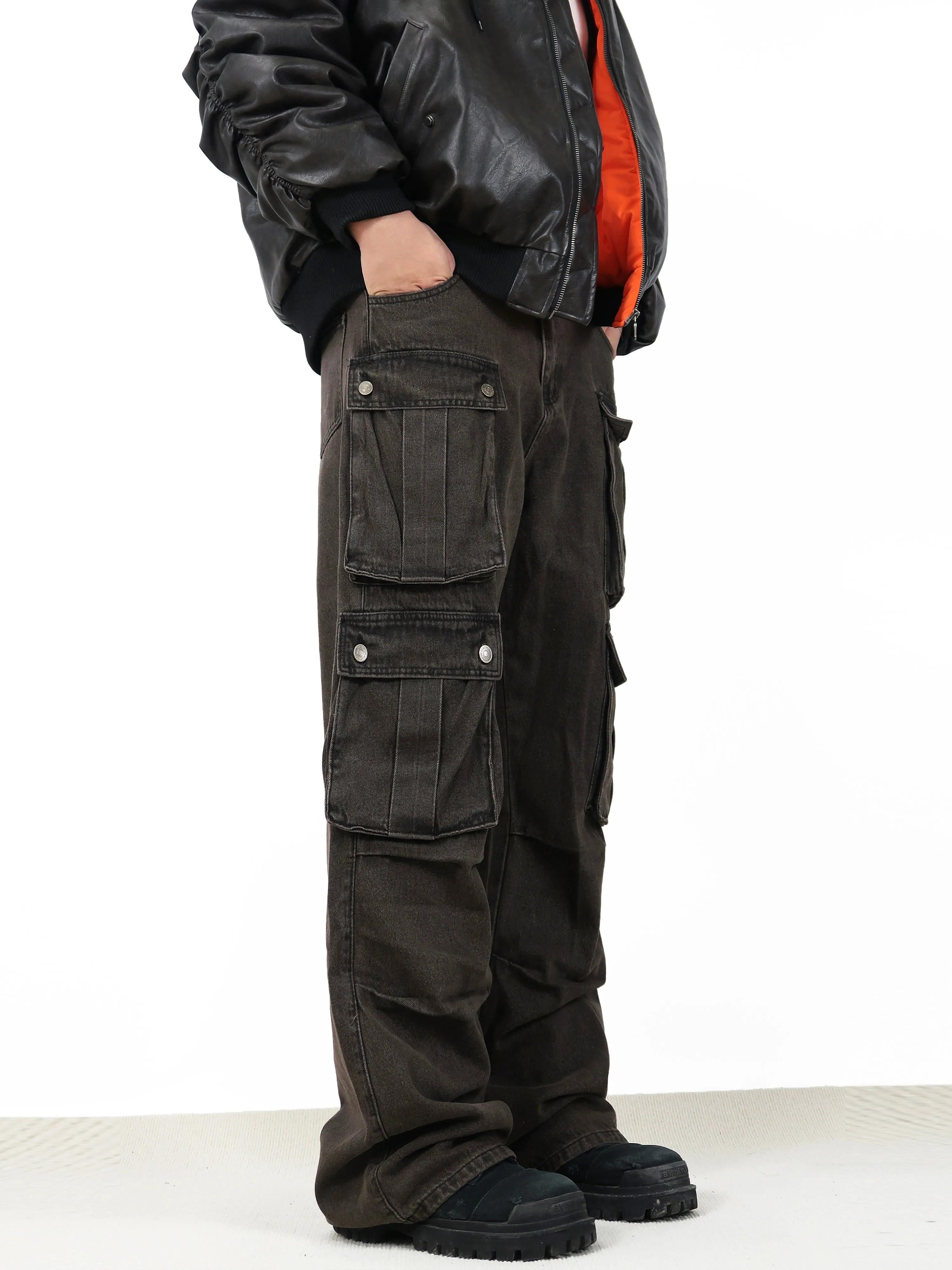 High-Waisted Cargo Pocketed Denim Jeans