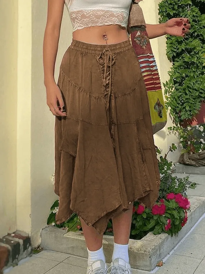 Joskaa Washed Irregular Lace Up Midi Skirt