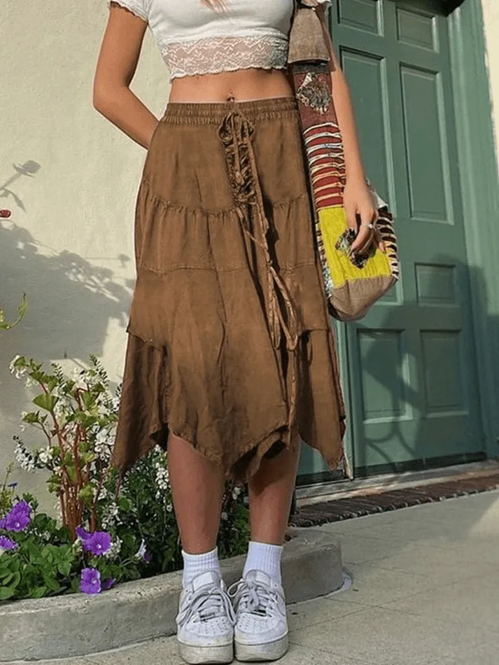 Joskaa Washed Irregular Lace Up Midi Skirt