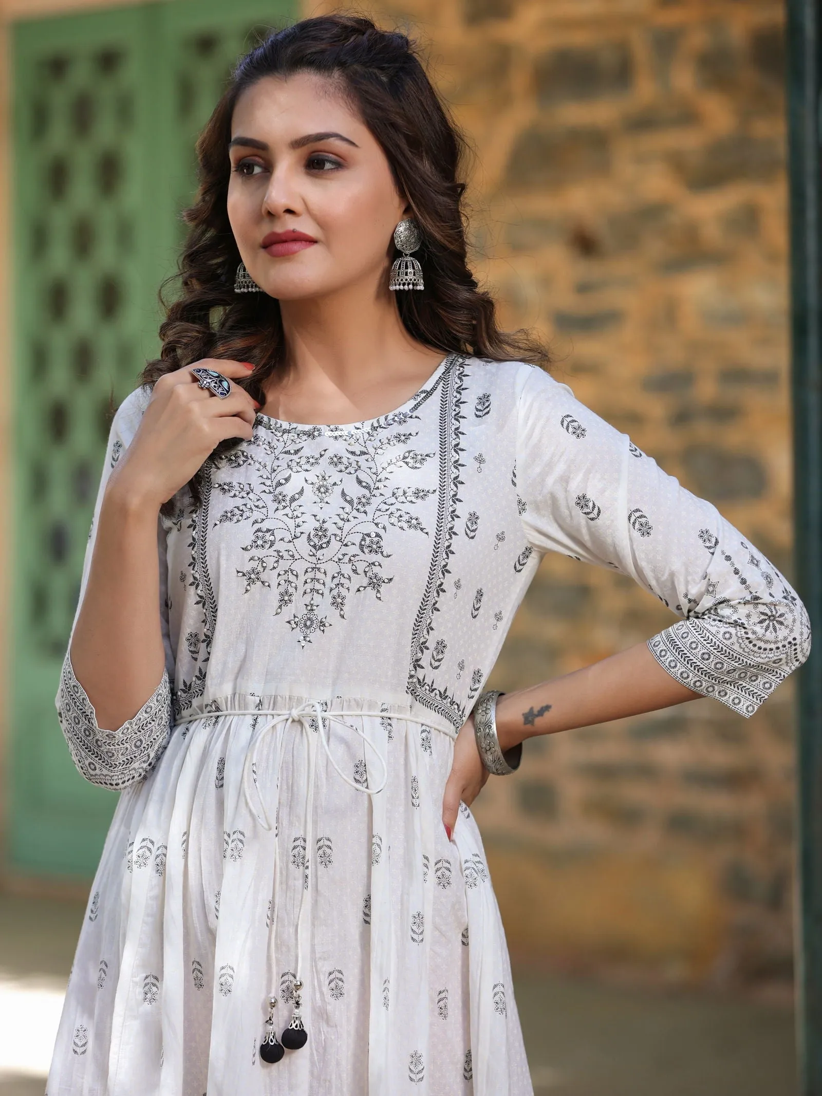 Juniper  White Pure Cotton Printed Kurta, Sharara & Dupatta Set With Beads & Sequins