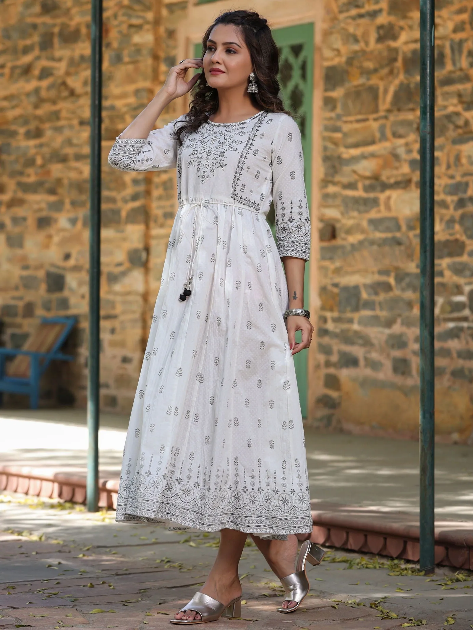 Juniper  White Pure Cotton Printed Kurta, Sharara & Dupatta Set With Beads & Sequins