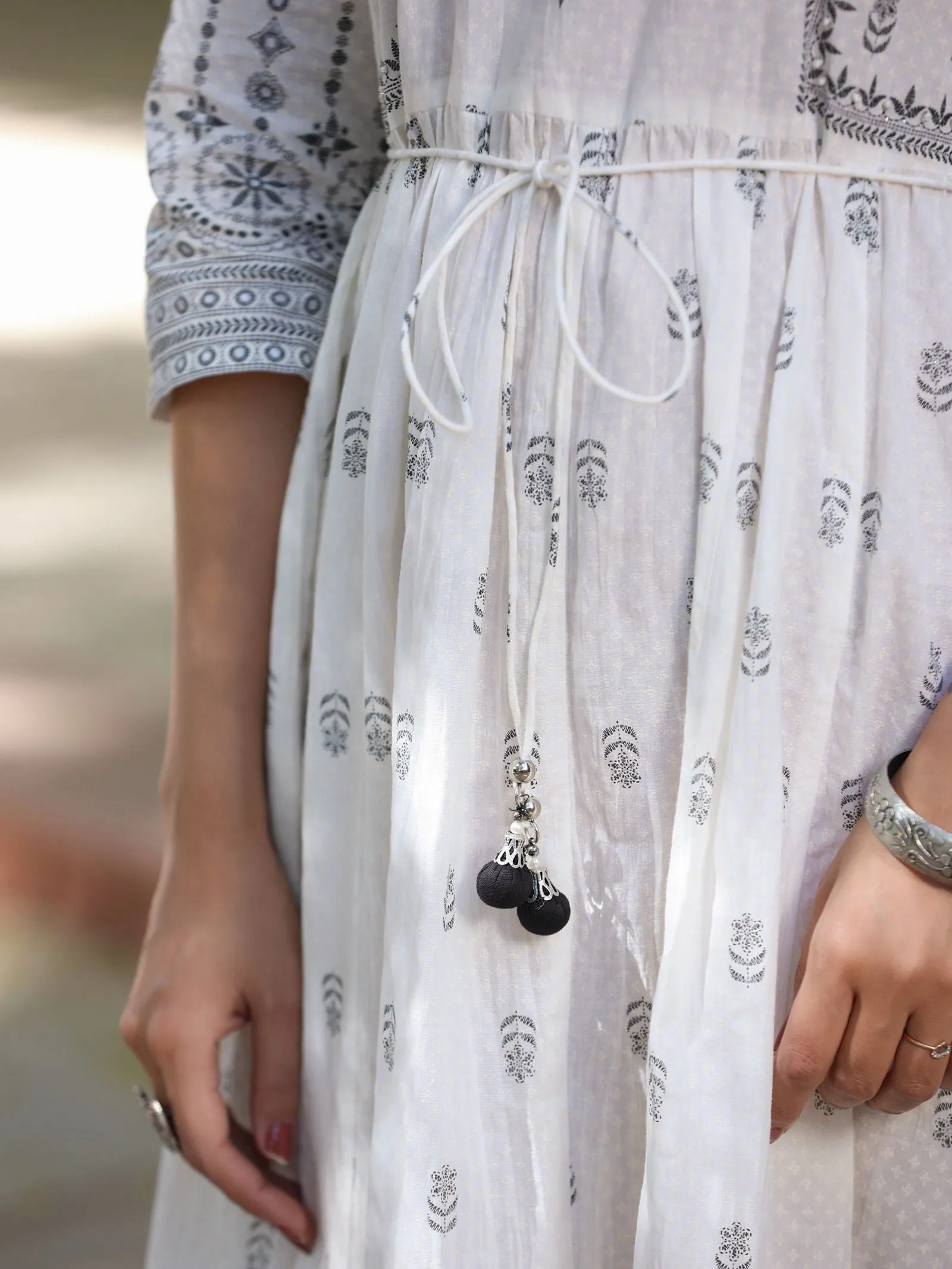 Juniper  White Pure Cotton Printed Kurta, Sharara & Dupatta Set With Beads & Sequins