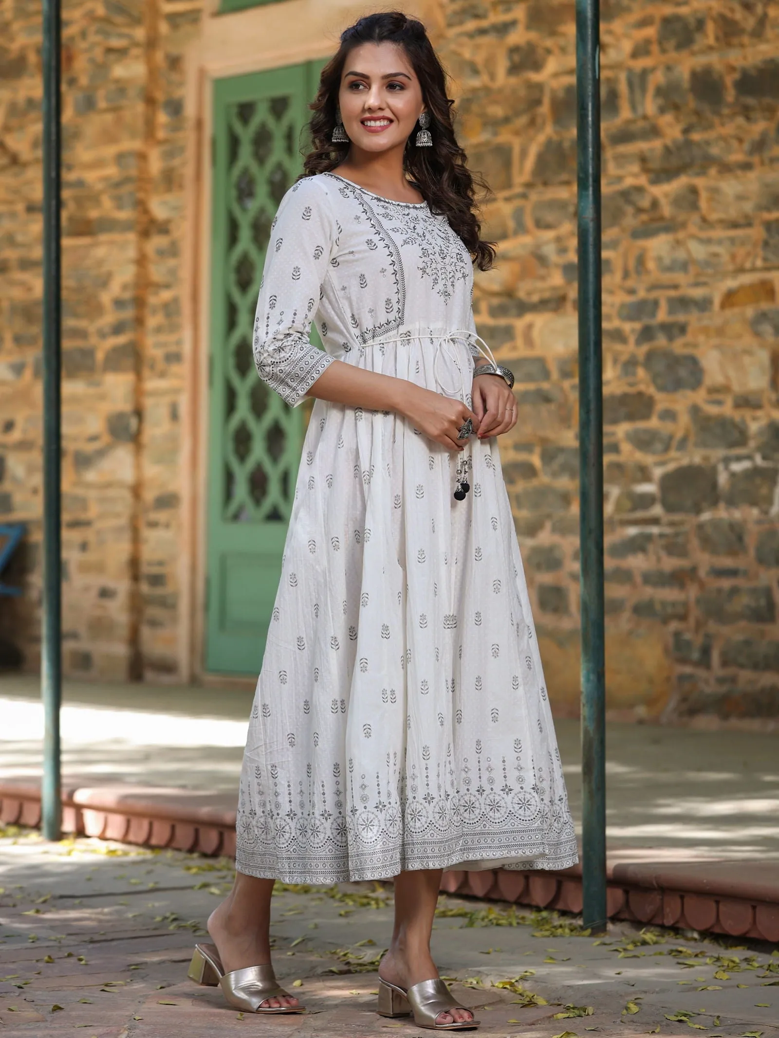 Juniper  White Pure Cotton Printed Kurta, Sharara & Dupatta Set With Beads & Sequins