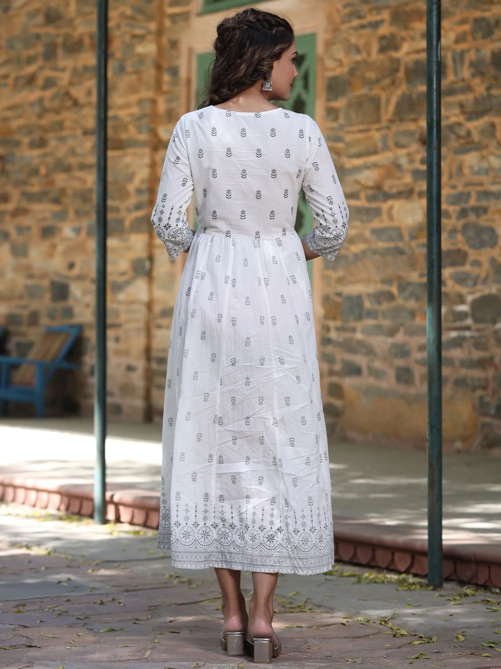 Juniper  White Pure Cotton Printed Kurta, Sharara & Dupatta Set With Beads & Sequins