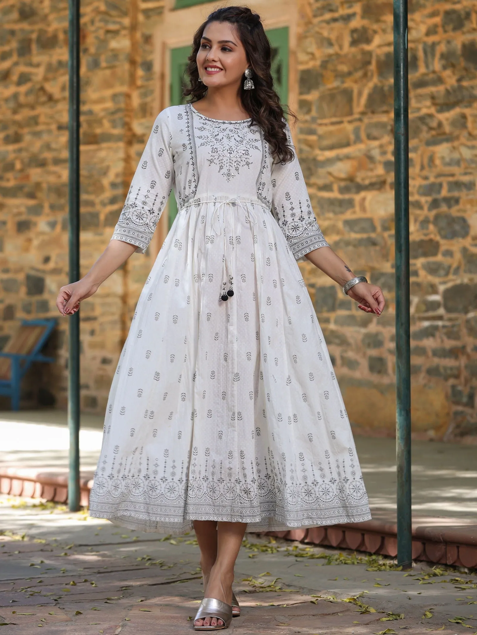 Juniper  White Pure Cotton Printed Kurta, Sharara & Dupatta Set With Beads & Sequins