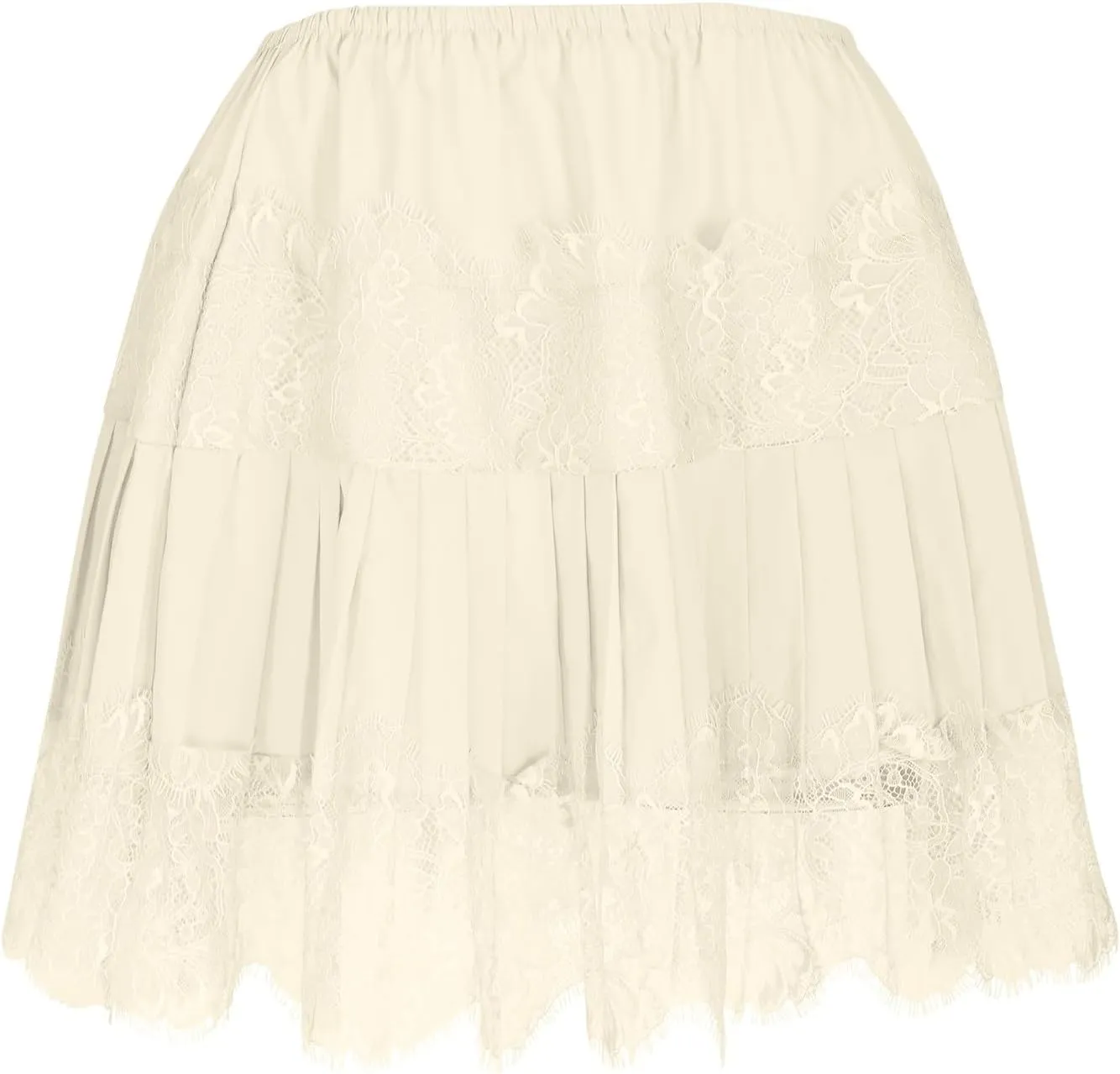Lace Mini Skirt for Women Summer Lace Trim Flowy Elastic Waist Layered Pleat Skirts Solid Flowy Irregular Hem Skort