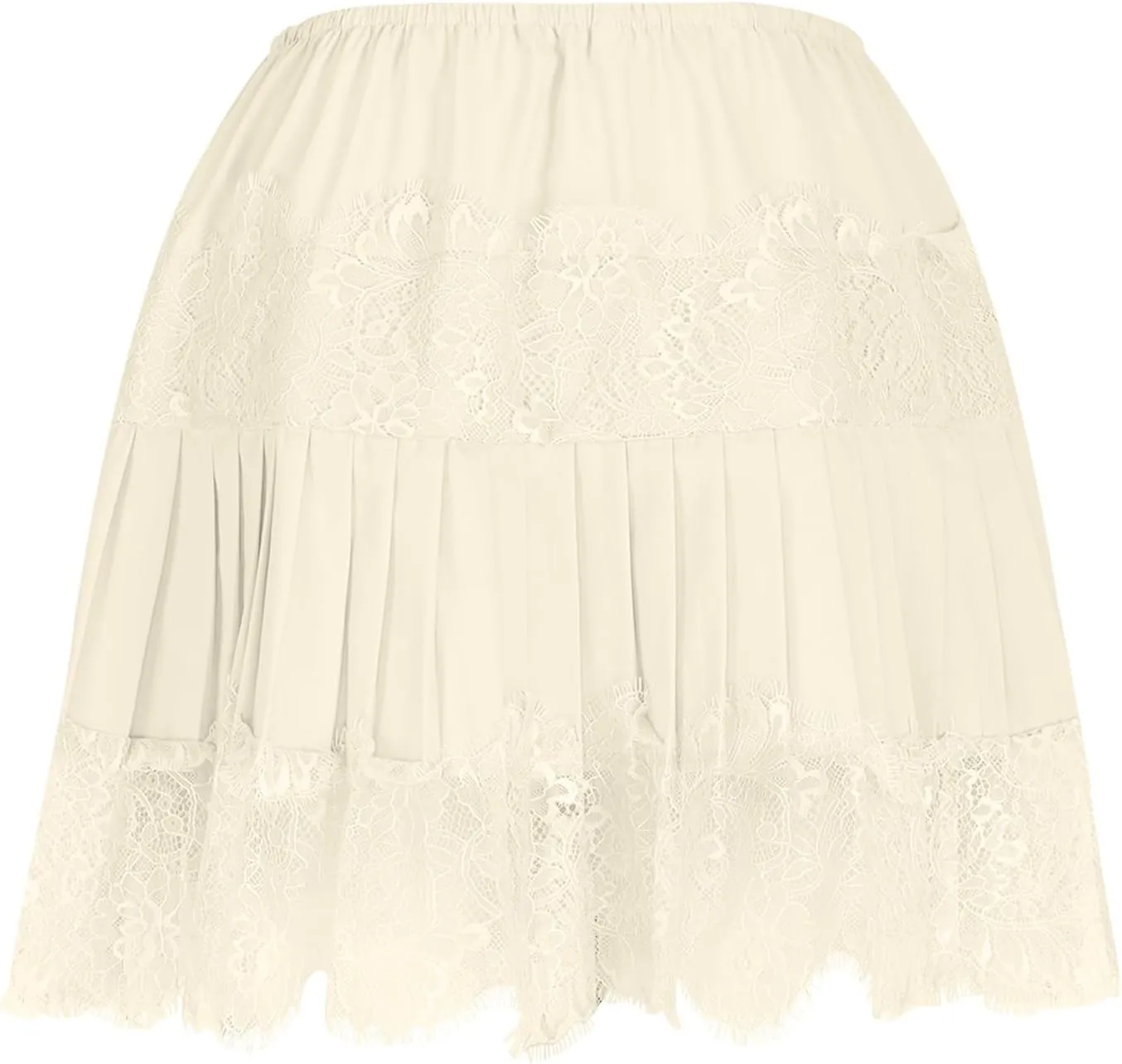 Lace Mini Skirt for Women Summer Lace Trim Flowy Elastic Waist Layered Pleat Skirts Solid Flowy Irregular Hem Skort