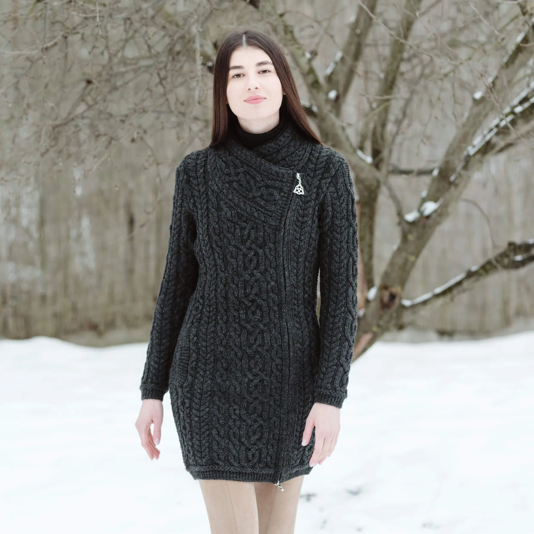 Long Merino Wool Aran Zipper Cardigan