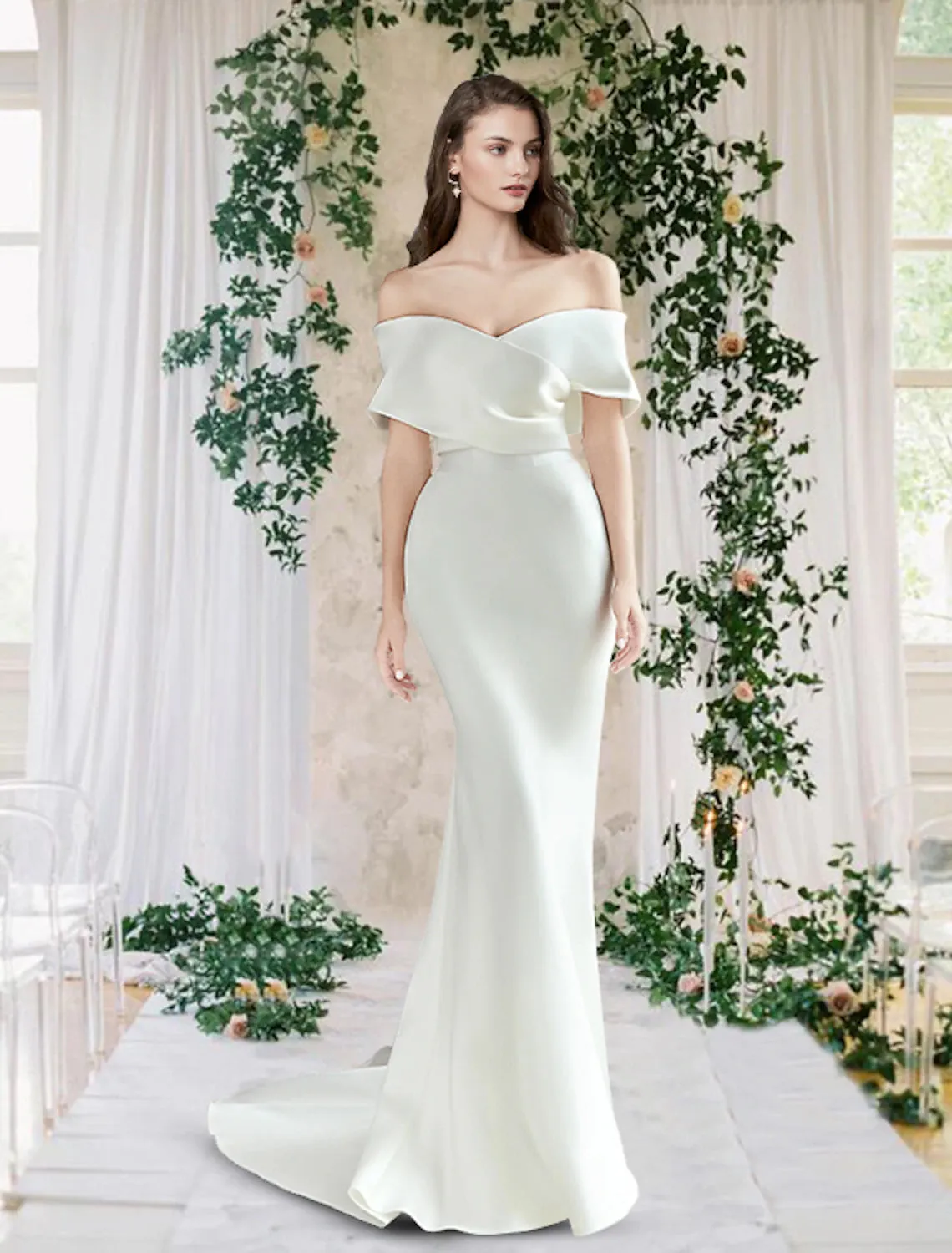 Luolandi Hall Casual Wedding Dresses Chapel Train Sheath / Column Cap Sleeve Off Shoulder Satin
