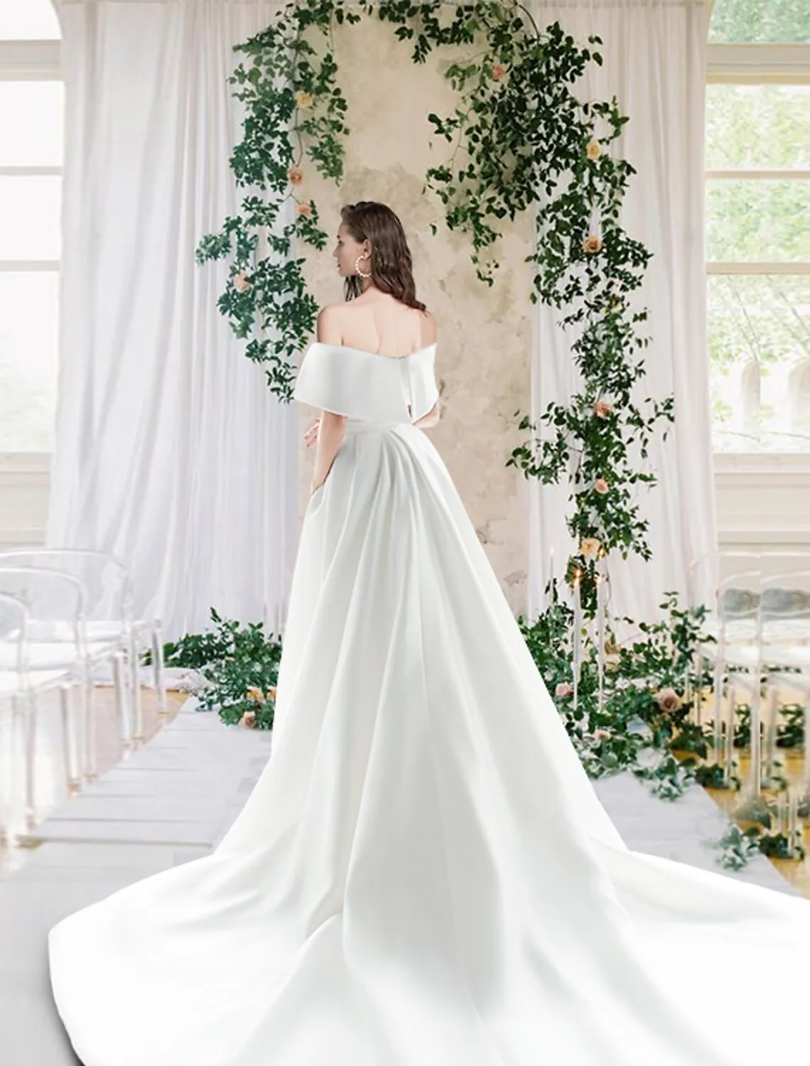 Luolandi Hall Casual Wedding Dresses Chapel Train Sheath / Column Cap Sleeve Off Shoulder Satin