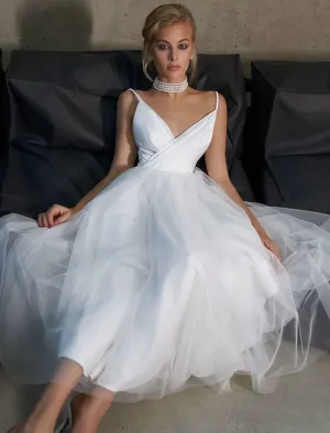 Luolandi Reception Little White Dresses Casual Wedding Dresses A-Line Camisole V Neck Spaghetti Strap Ankle Length Tulle Bridal Gowns