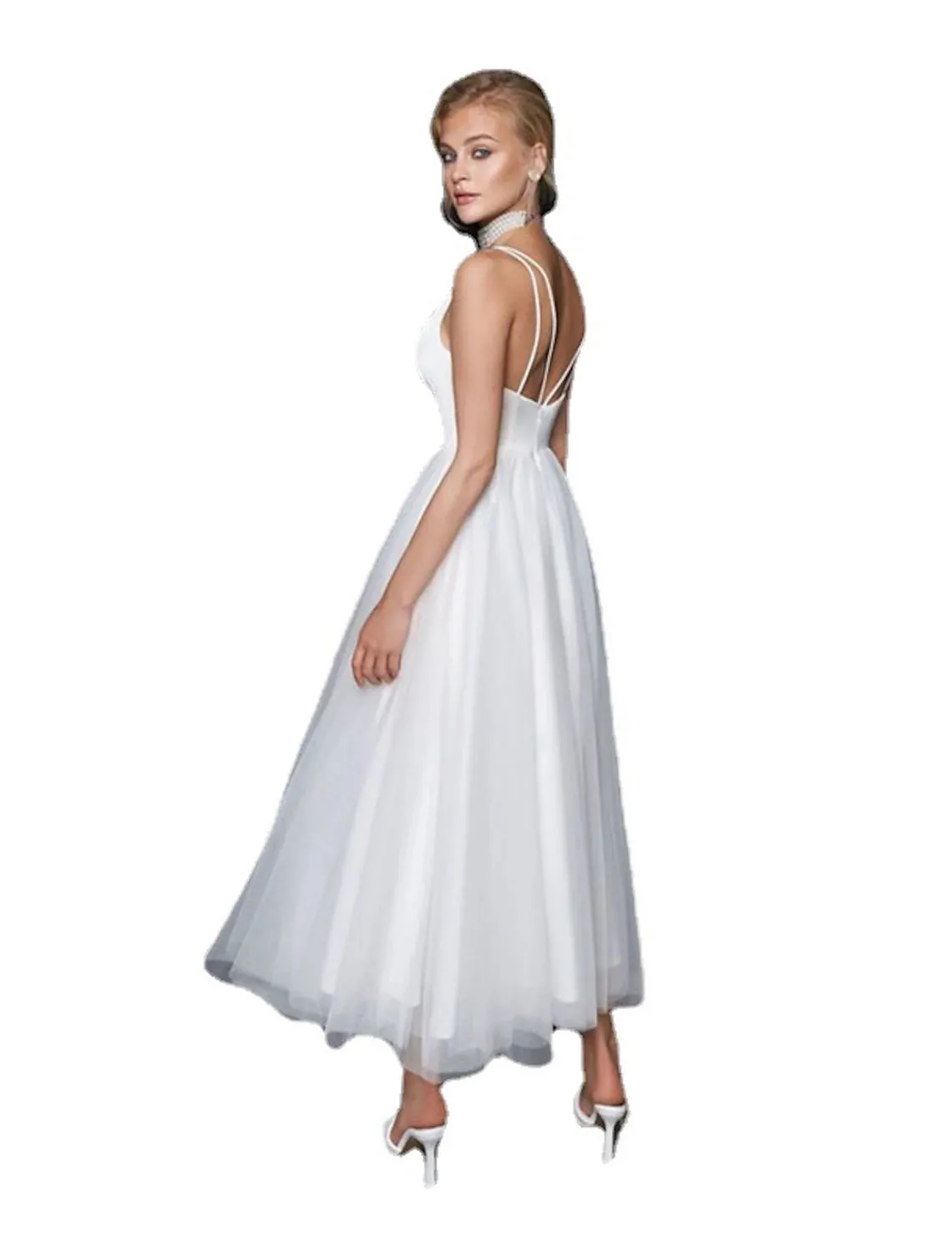 Luolandi Reception Little White Dresses Casual Wedding Dresses A-Line Camisole V Neck Spaghetti Strap Ankle Length Tulle Bridal Gowns