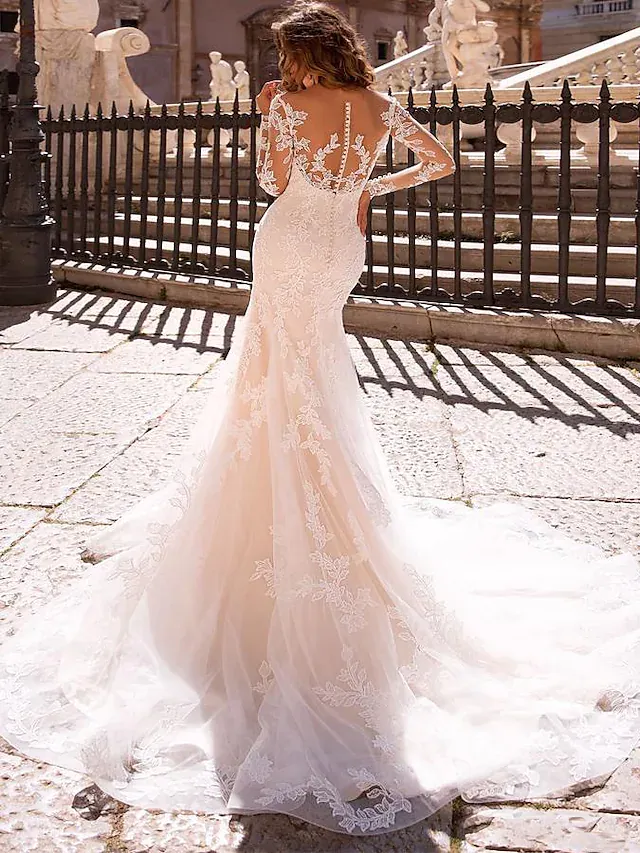 Luolandi Wedding Dresses V Neck Court Train Lace Long Sleeve Formal Romantic Casual Modern Detachable Illusion Sleeve