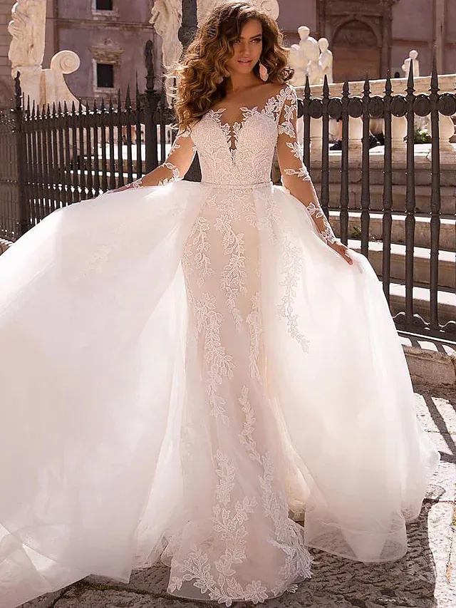 Luolandi Wedding Dresses V Neck Court Train Lace Long Sleeve Formal Romantic Casual Modern Detachable Illusion Sleeve