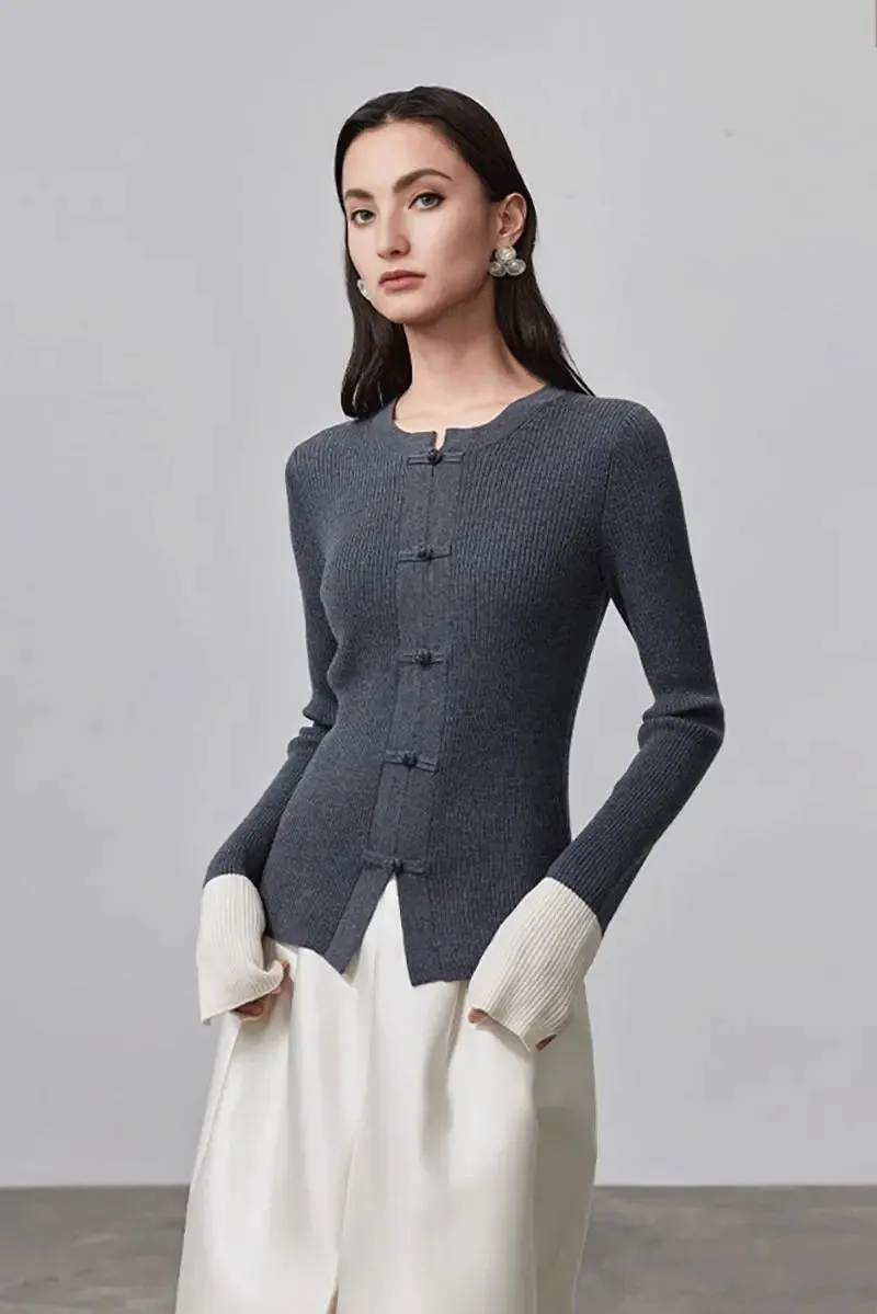 Mandarin Inspired Merino Wool Crew Neck Cardigan