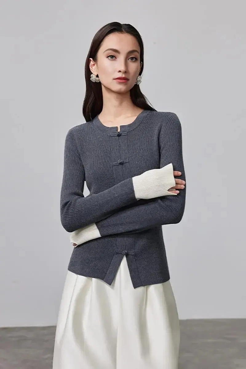 Mandarin Inspired Merino Wool Crew Neck Cardigan