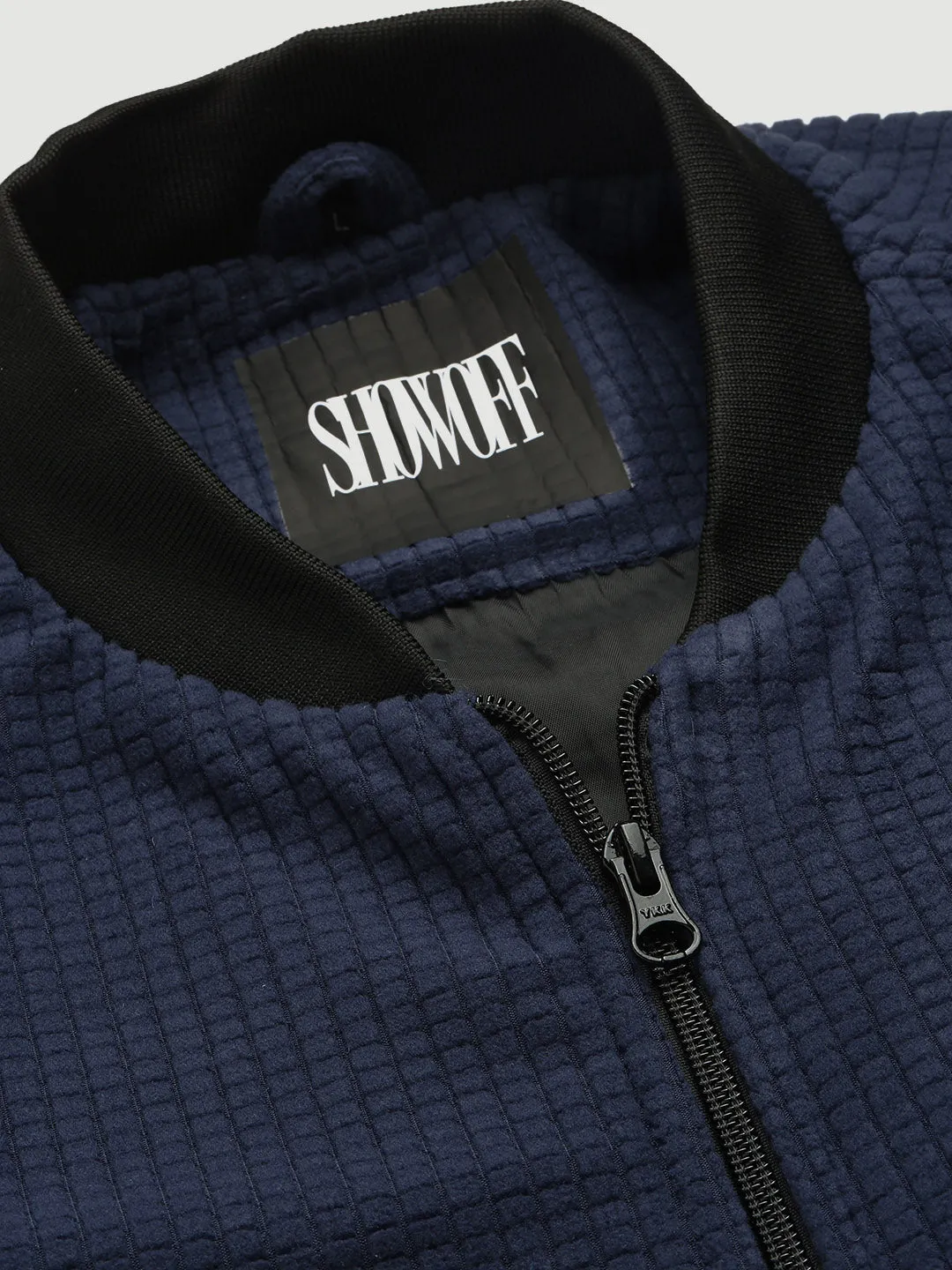 Men Navy Blue Solid Bomber Jacket