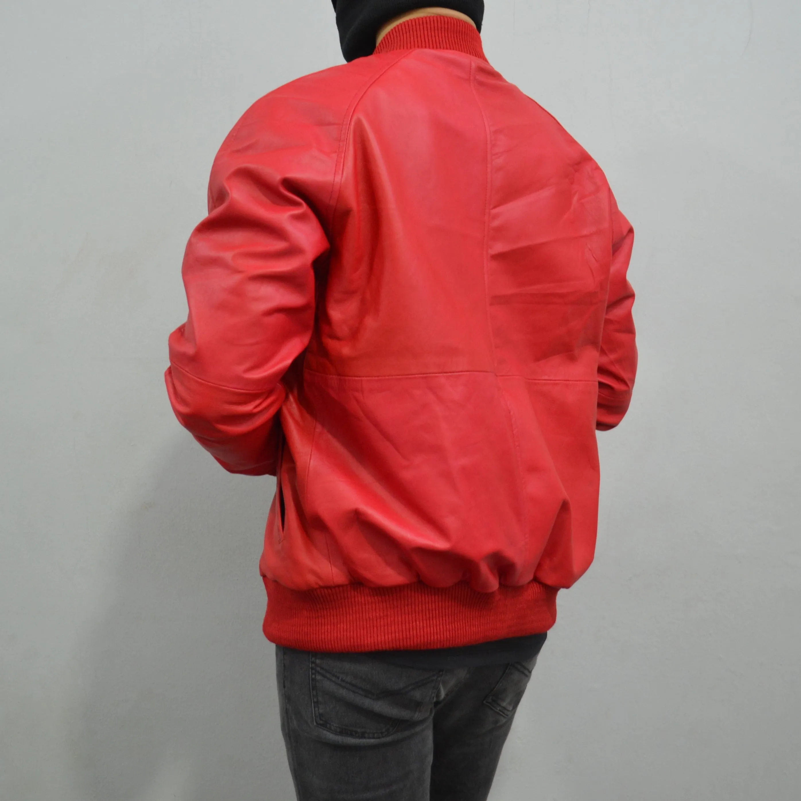 Men's Baseball Letterman Varsity Genuine Leather Red Bomber Jacket