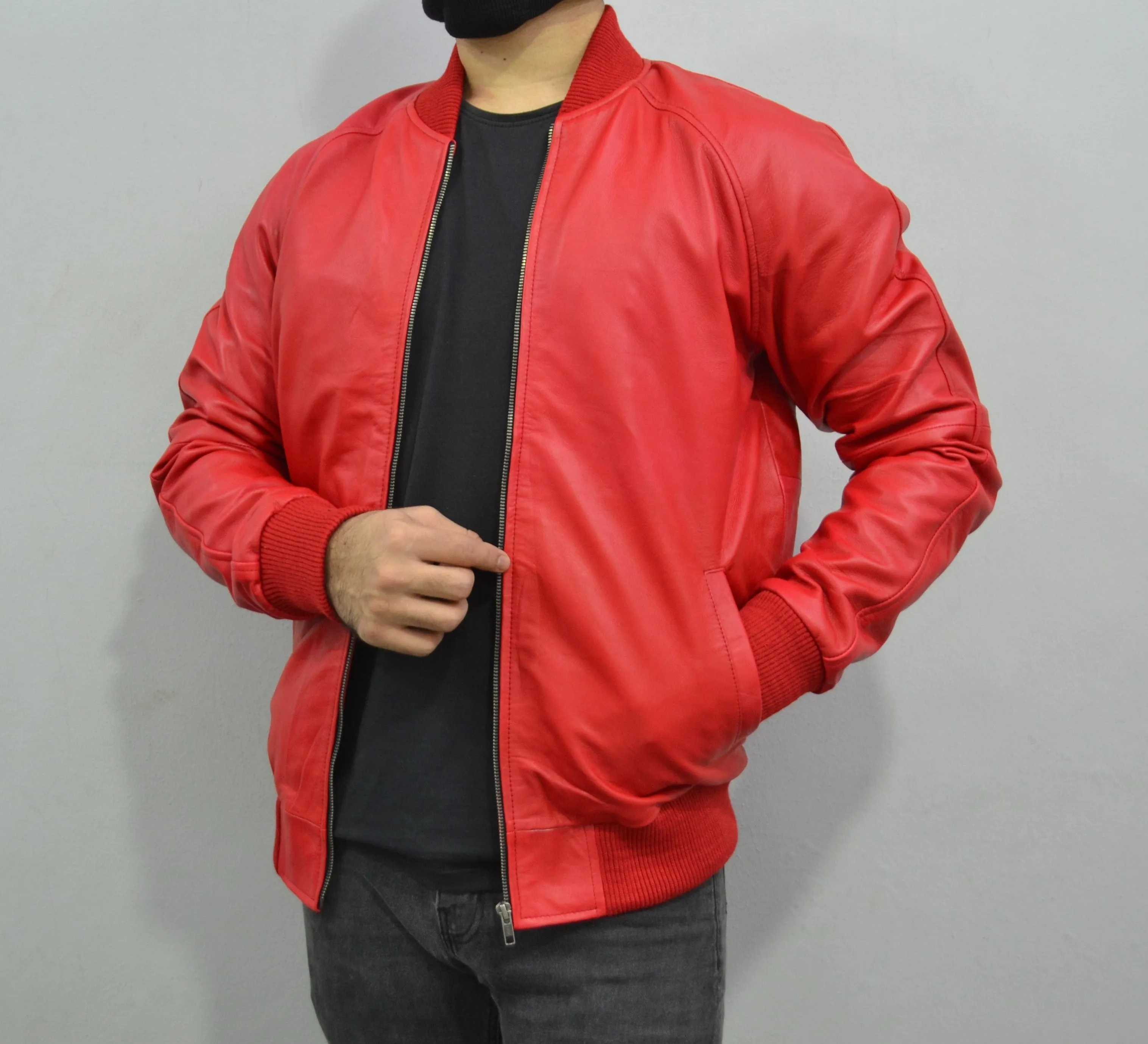 Men's Baseball Letterman Varsity Genuine Leather Red Bomber Jacket