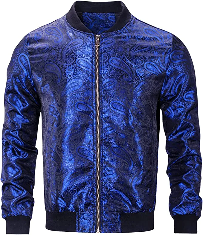 Men's Gold Casual Paisley Windbreaker Long Sleeve Bomber Jacket