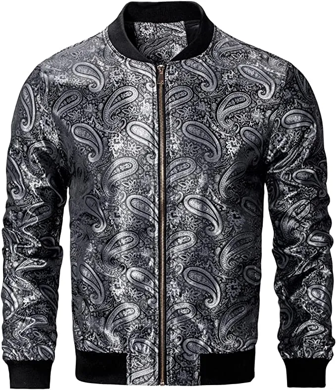 Men's Gold Casual Paisley Windbreaker Long Sleeve Bomber Jacket