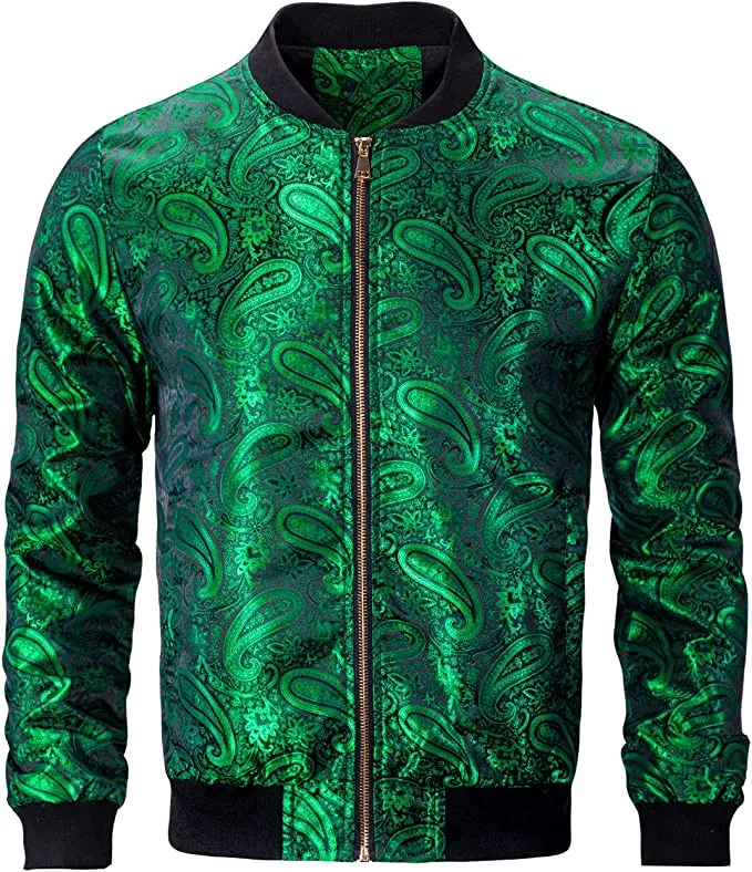 Men's Gold Casual Paisley Windbreaker Long Sleeve Bomber Jacket