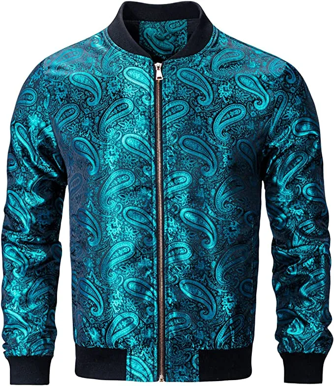 Men's Gold Casual Paisley Windbreaker Long Sleeve Bomber Jacket