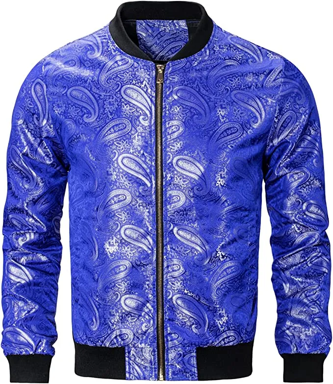 Men's Gold Casual Paisley Windbreaker Long Sleeve Bomber Jacket