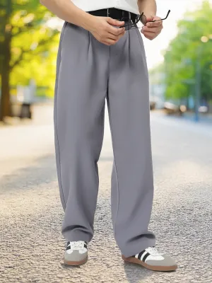 Men's Grey Loose Baggy Fit Solid Korean Trousers Stretchable
