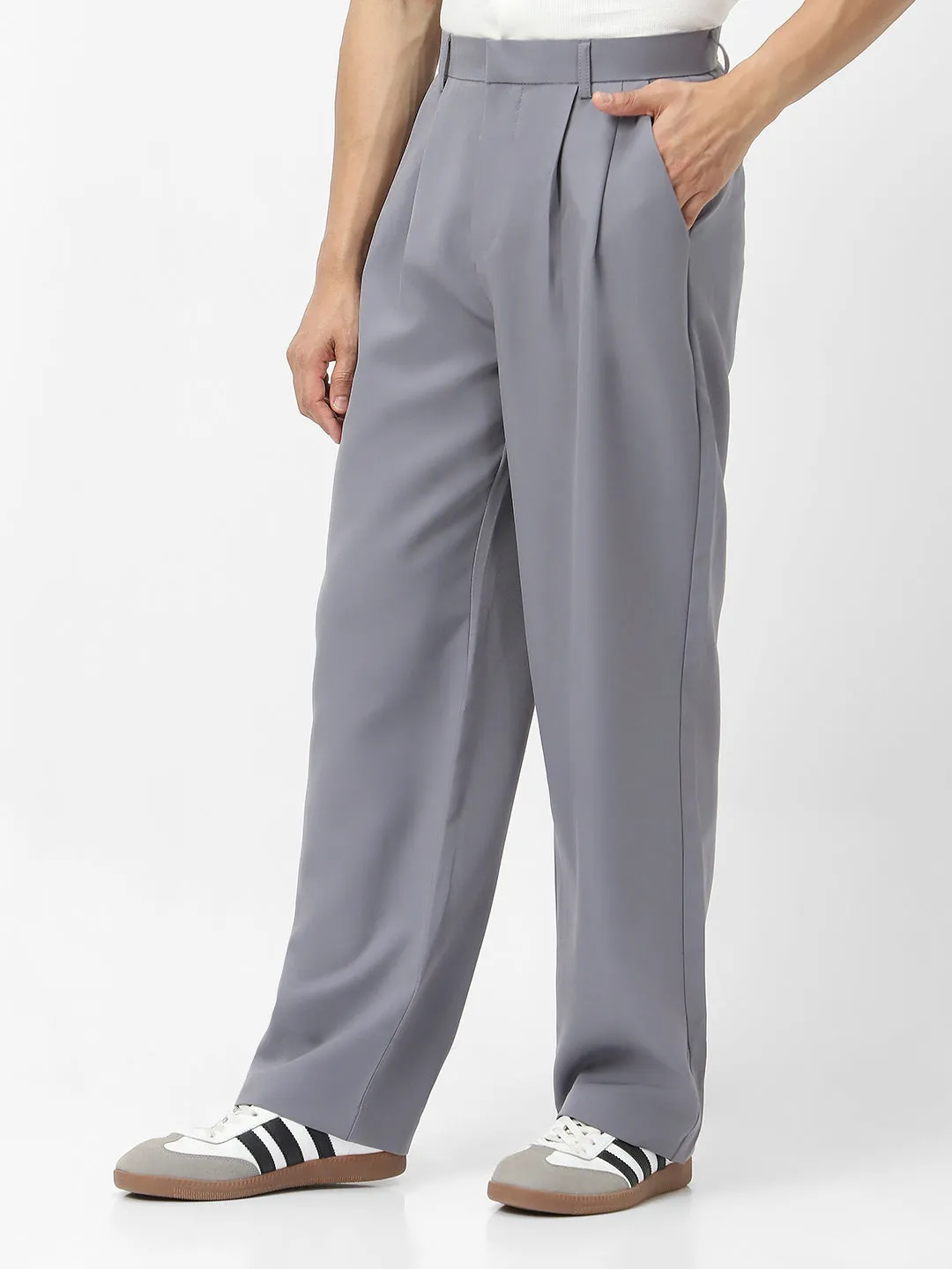 Men's Grey Loose Baggy Fit Solid Korean Trousers Stretchable