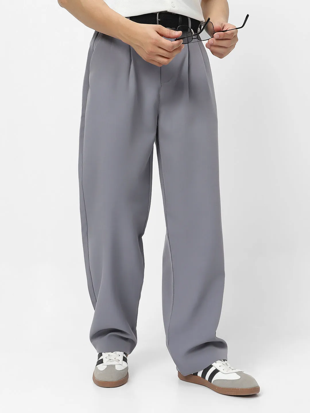 Men's Grey Loose Baggy Fit Solid Korean Trousers Stretchable