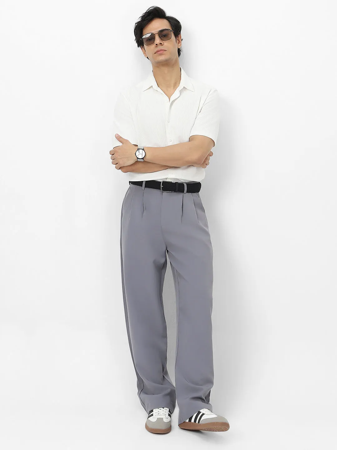 Men's Grey Loose Baggy Fit Solid Korean Trousers Stretchable