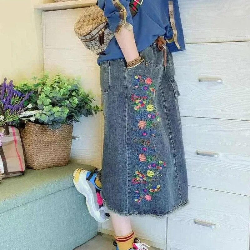 Midi Denim Skirt With Belt And Flower Embroidery