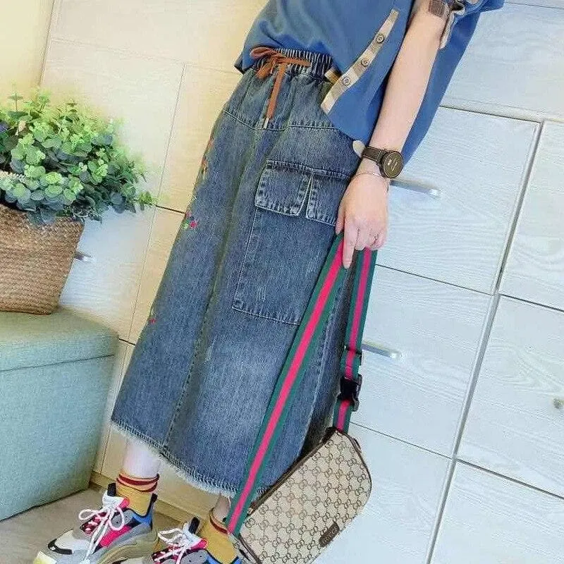 Midi Denim Skirt With Belt And Flower Embroidery