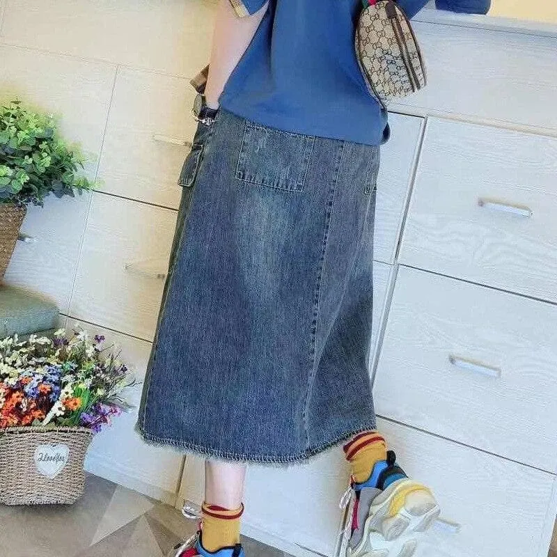 Midi Denim Skirt With Belt And Flower Embroidery