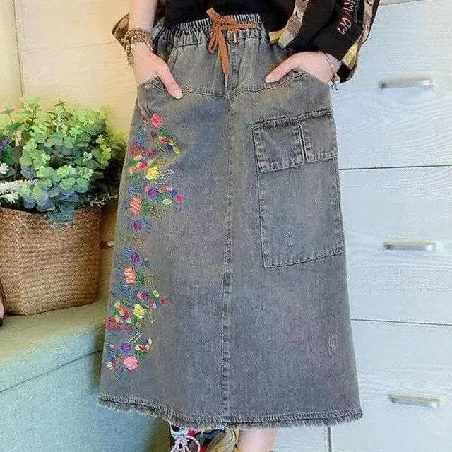 Midi Denim Skirt With Belt And Flower Embroidery