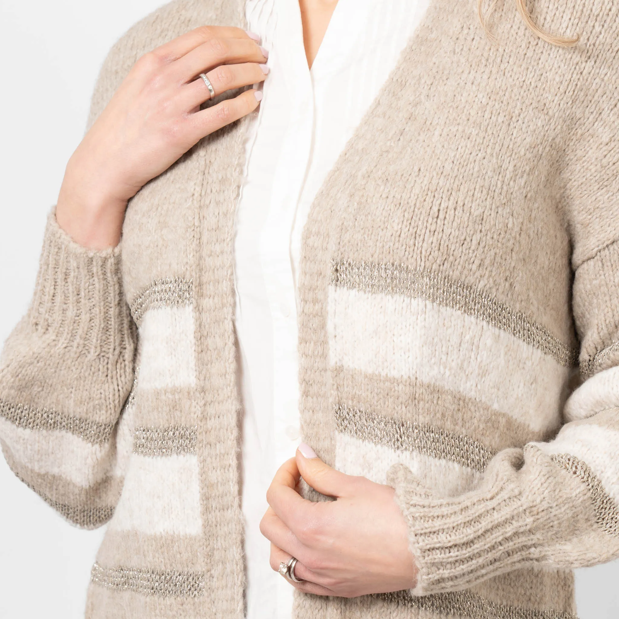Paris Wool Blend Cardigan - Beige/Cream/Gold, Striped