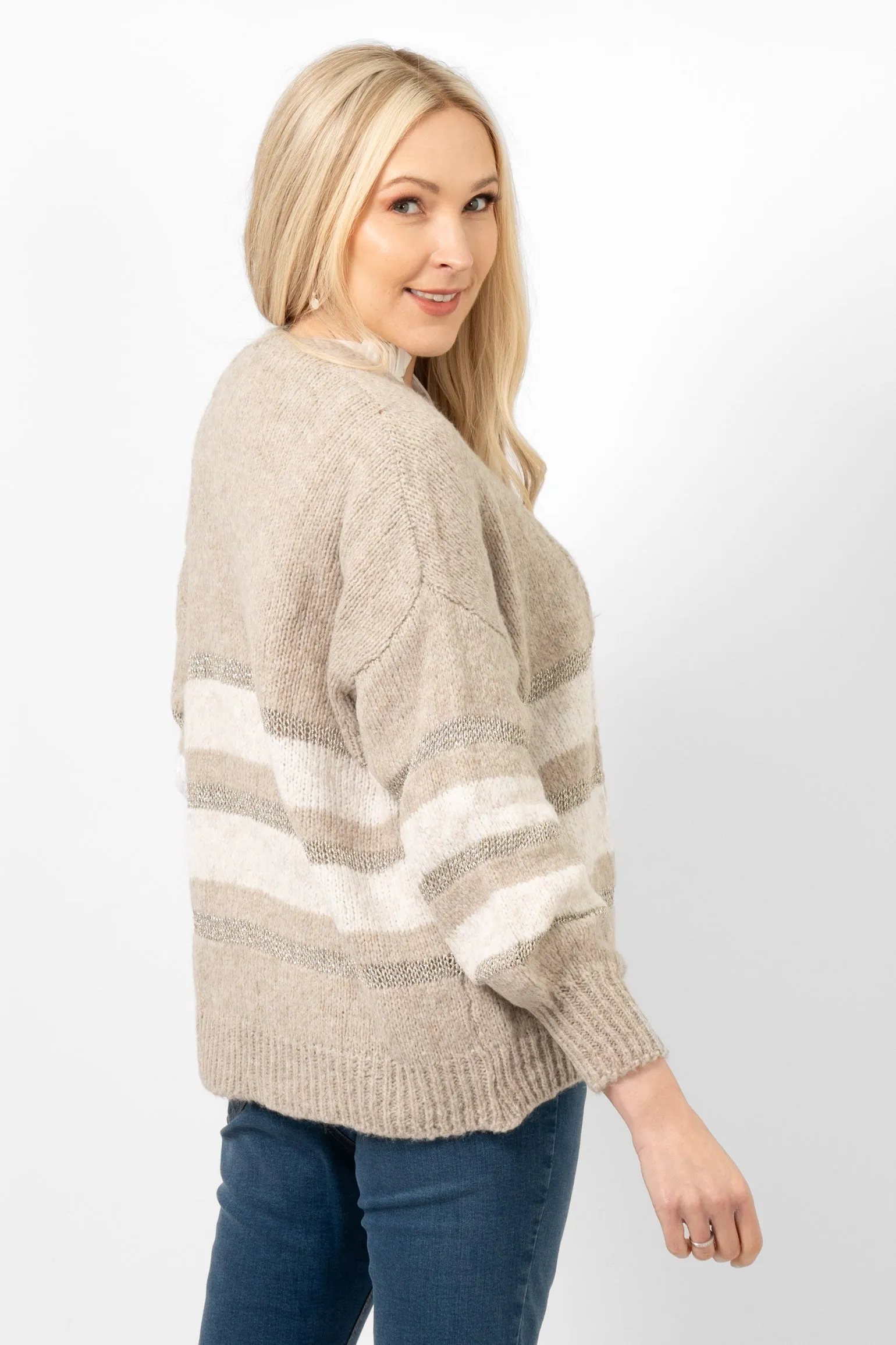Paris Wool Blend Cardigan - Beige/Cream/Gold, Striped
