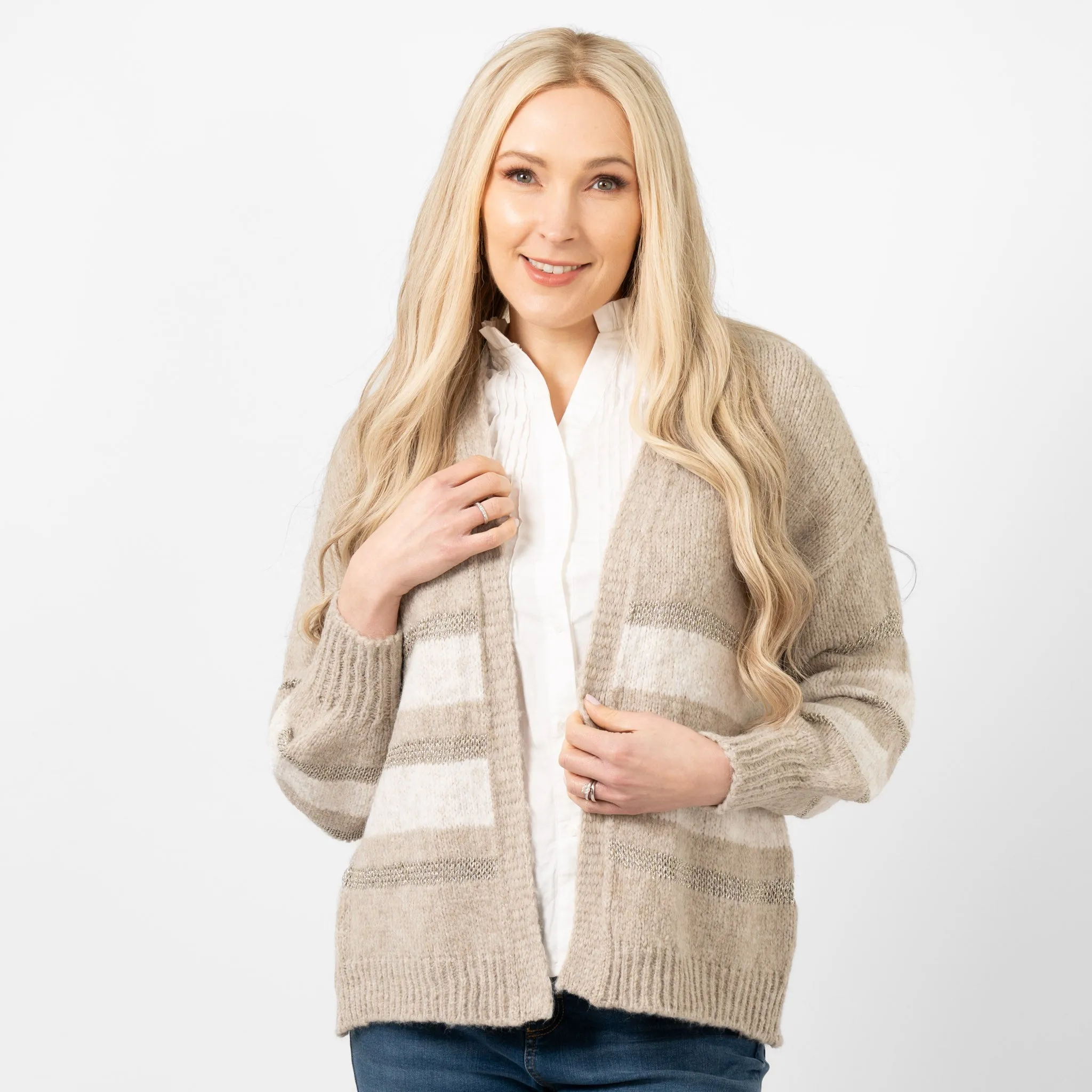 Paris Wool Blend Cardigan - Beige/Cream/Gold, Striped