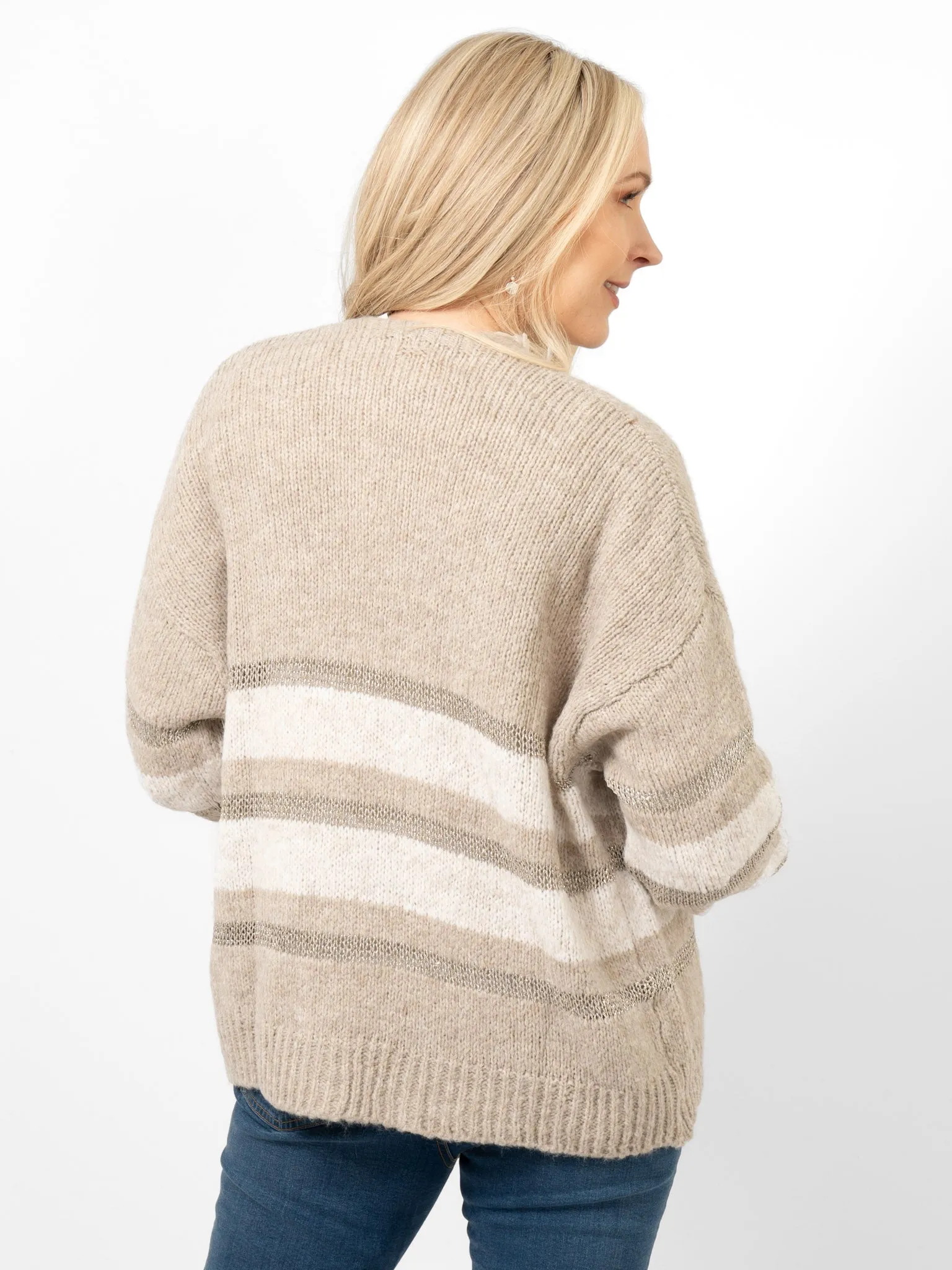 Paris Wool Blend Cardigan - Beige/Cream/Gold, Striped