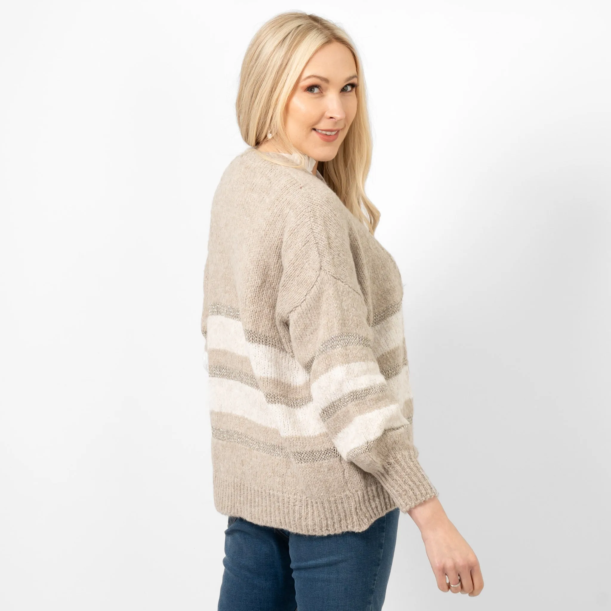 Paris Wool Blend Cardigan - Beige/Cream/Gold, Striped