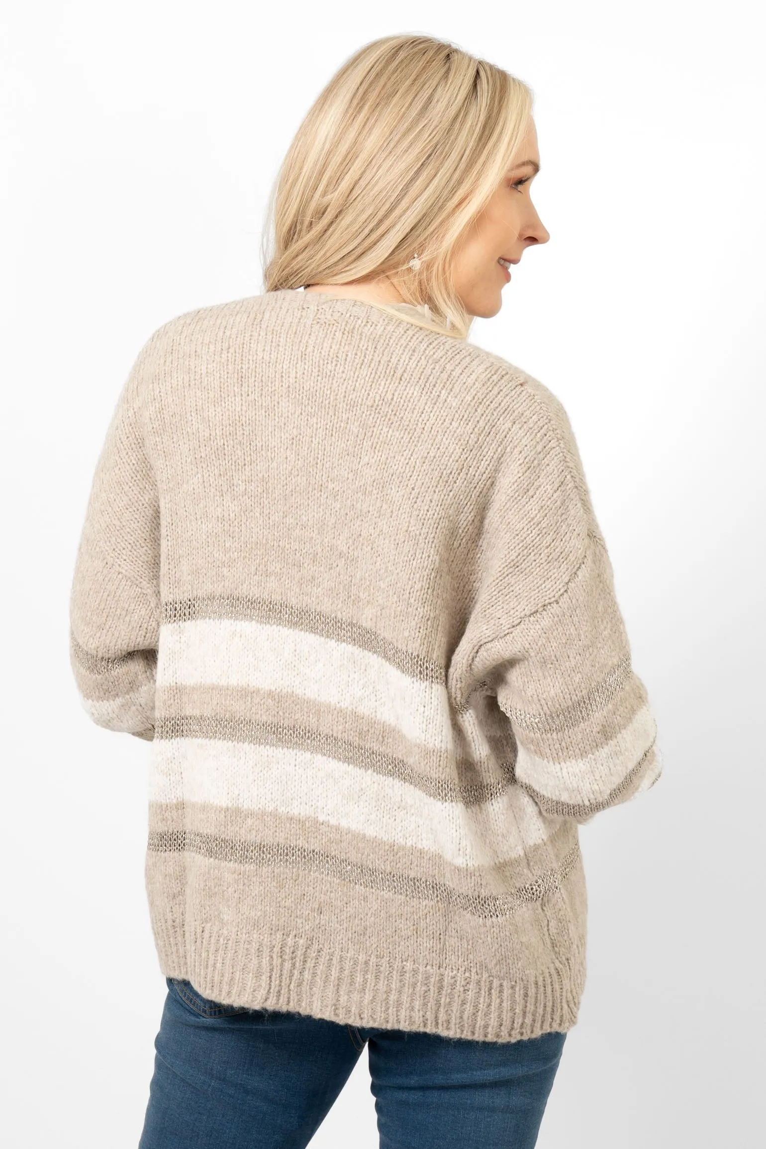 Paris Wool Blend Cardigan - Beige/Cream/Gold, Striped