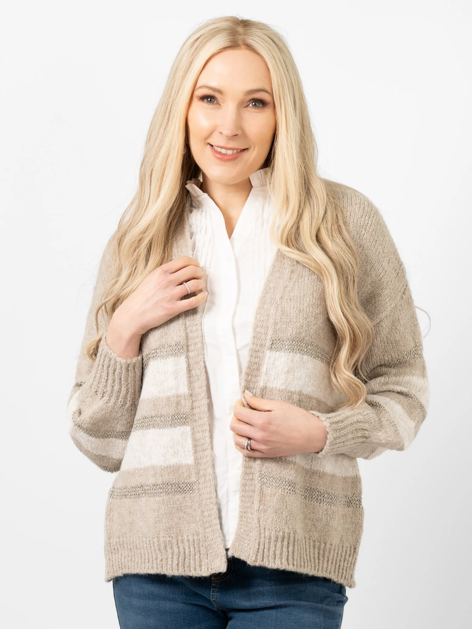 Paris Wool Blend Cardigan - Beige/Cream/Gold, Striped
