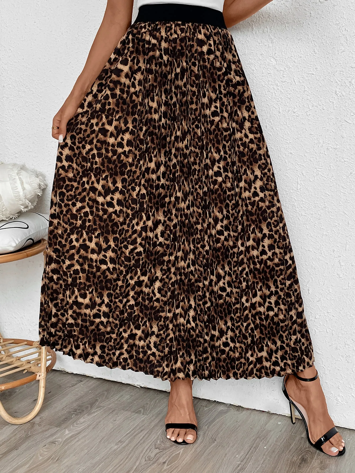 Pleated Leopard Elastic Waist Midi A-Line Casual Skirt