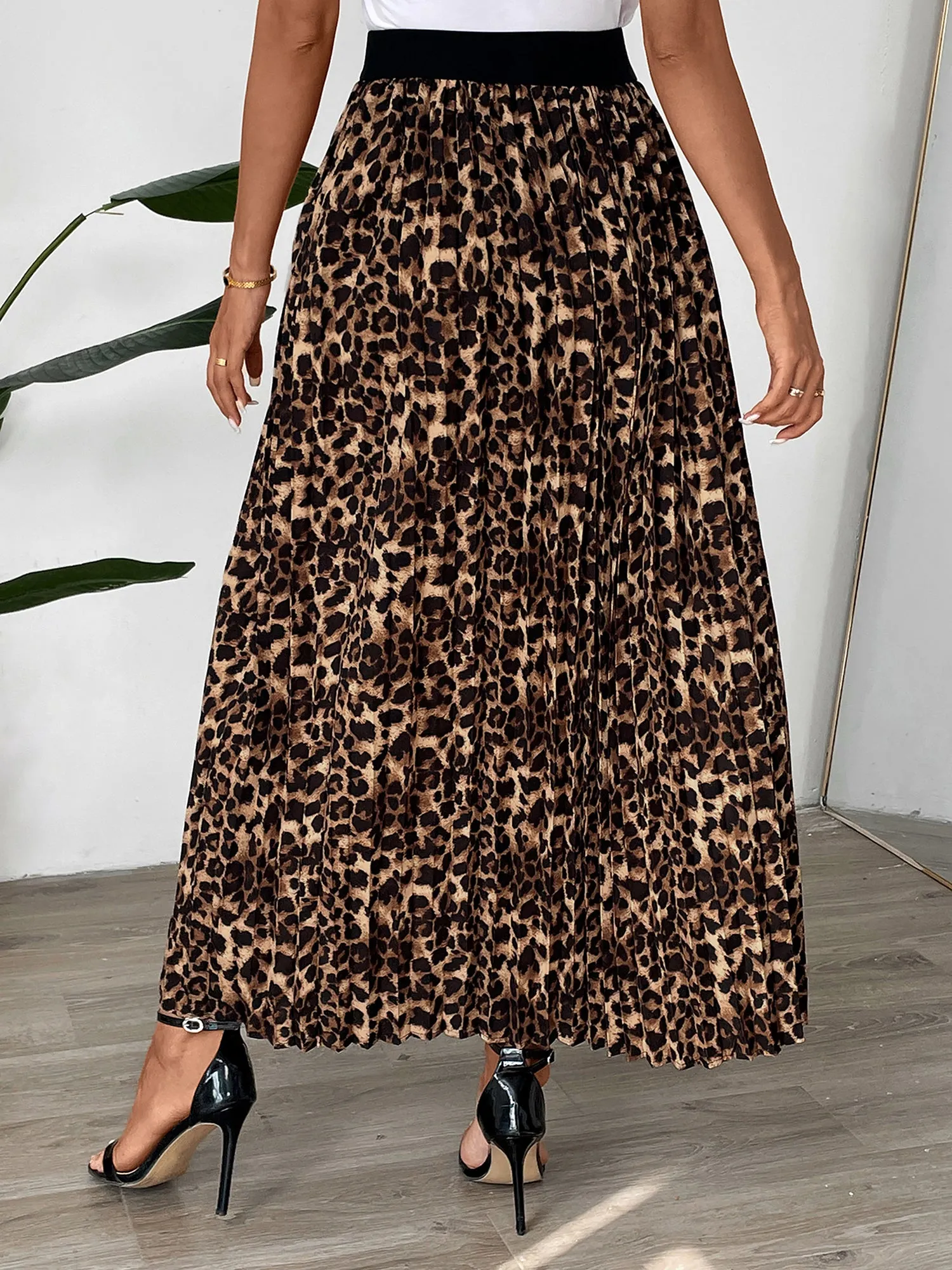 Pleated Leopard Elastic Waist Midi A-Line Casual Skirt