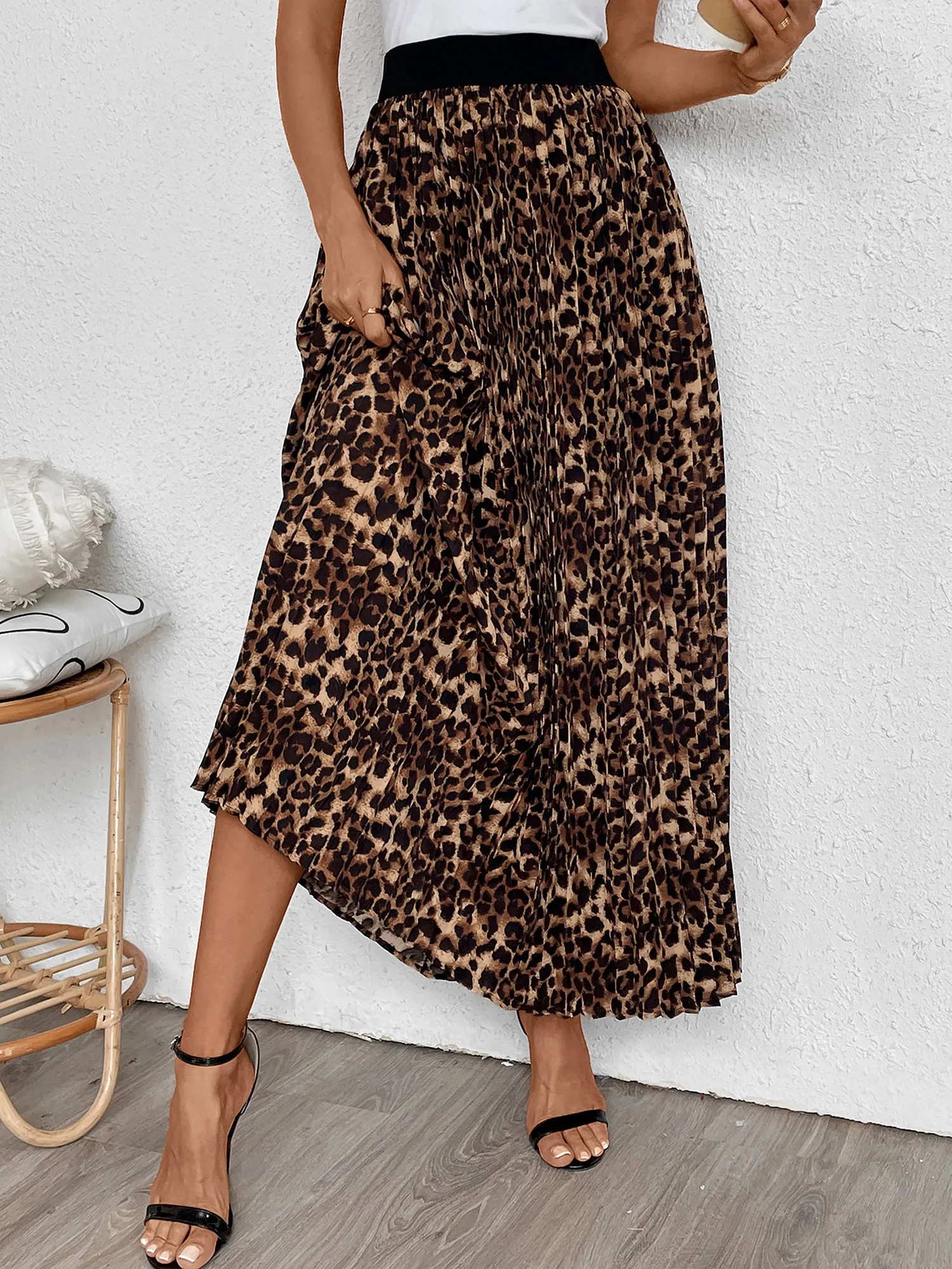 Pleated Leopard Elastic Waist Midi A-Line Casual Skirt