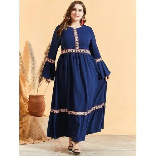 Plus Size Flare Long Sleeve Embroidery High-Waist Maxi Dress
