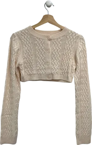 PrettyLittleThing Cream Petite Cable Knit Extreme Cropped Cardigan UK M