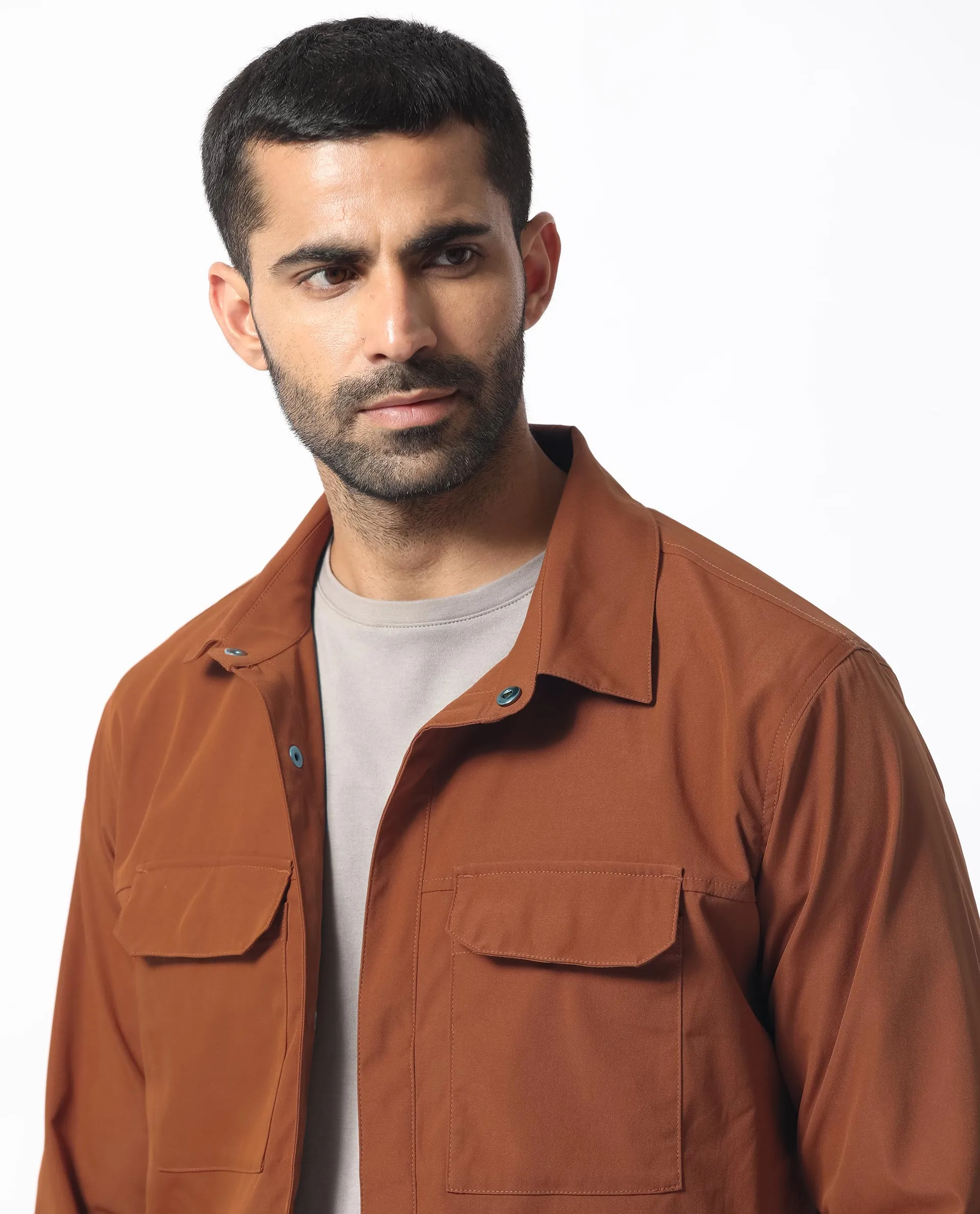 Rare Rabbit Men's Feliu Rust Plain Multi Pocket Utility Jacket